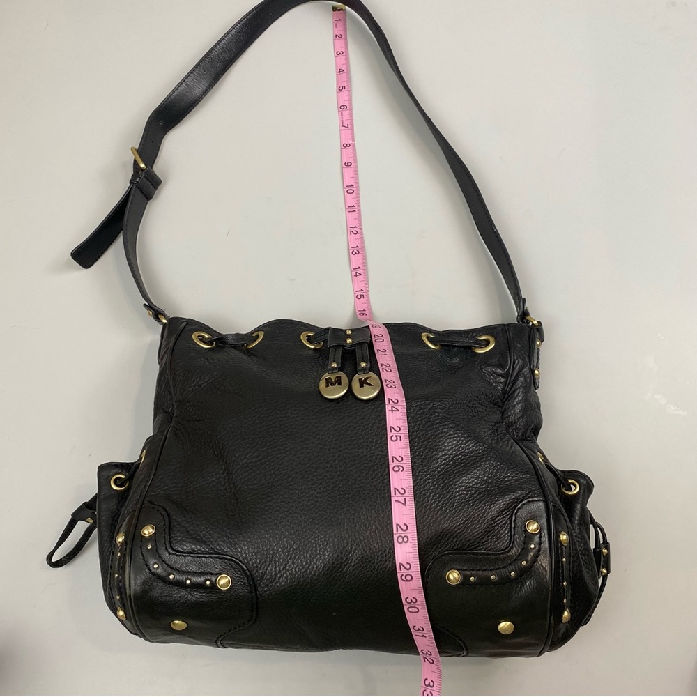 Michael Kors Black Leather Shoulder Bag with Gold Accents Gold MK Charm Studs - Picture 10 of 16